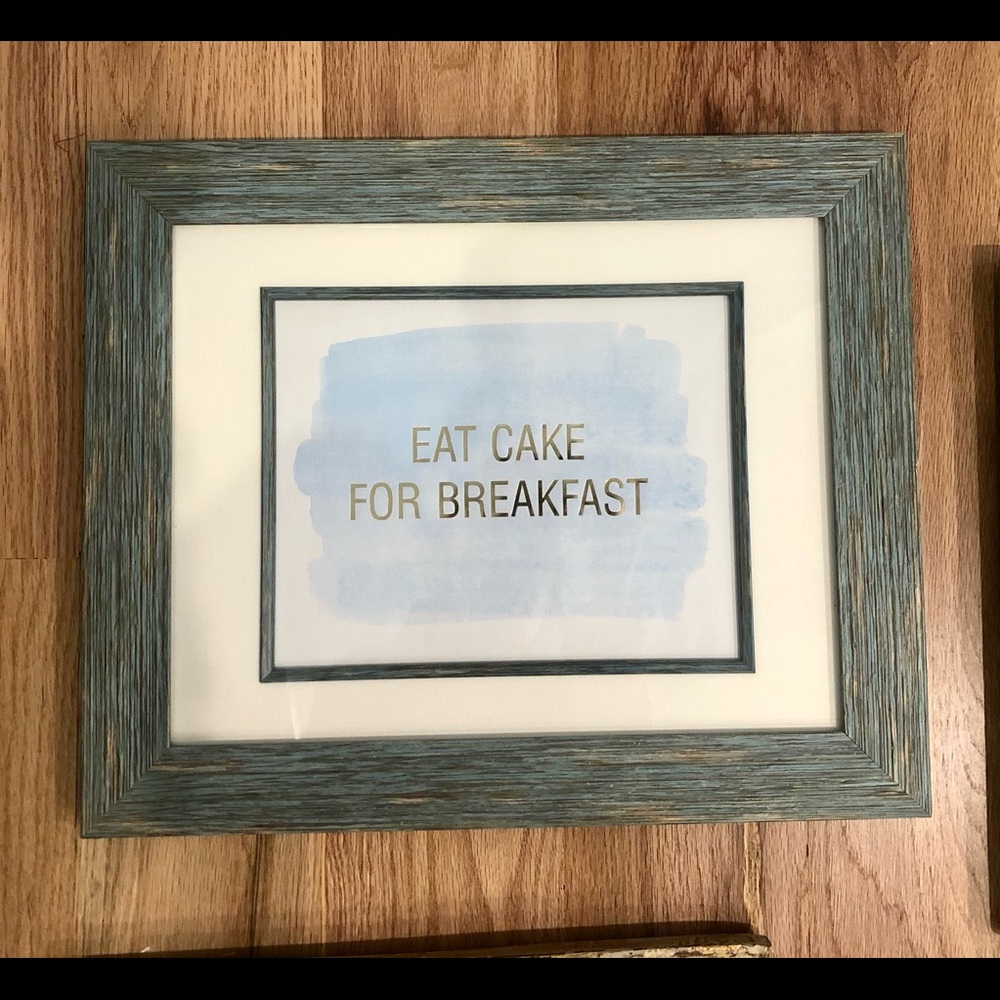 “Eat cake for breakfast” aqua and gold wall art